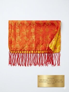 100% Vietnam Silk Reversible Scarf - Red & Gold Asian Jacquard Brocade VGUC